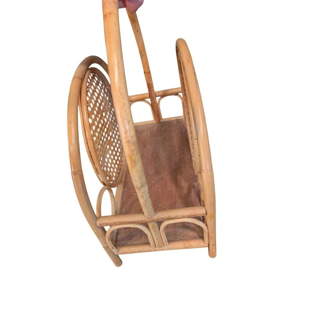 Vintage Edward Hecht Rattan‎ Wicker Magazine Rack Bamboo Cane Boho Floor Caddy